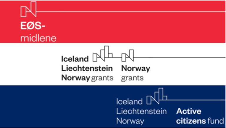 Flagg i rødt, hvit og blått med teksten "EEA and Norway Grants". Foto