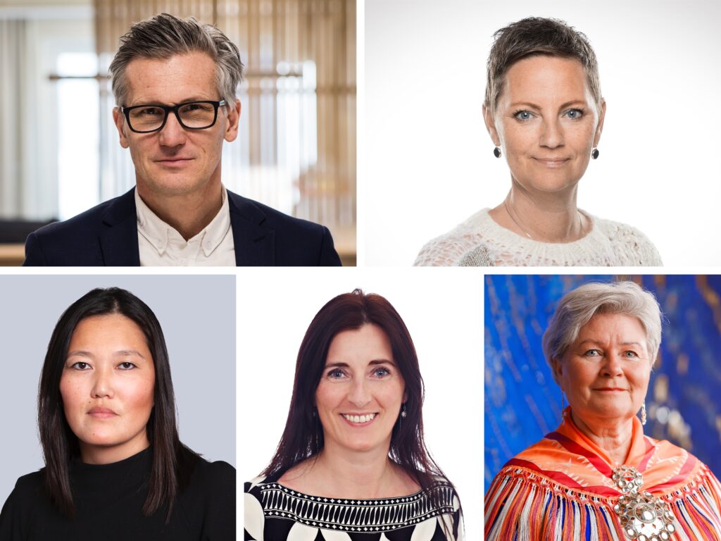 Bilde-collage av deltakere som skal sitte i panelet. Disse er Bjørn Erik Thon, Halla Nolsøe Poulsen, Elisabeth Erke, Linn Andersen, Erika Hayfield.