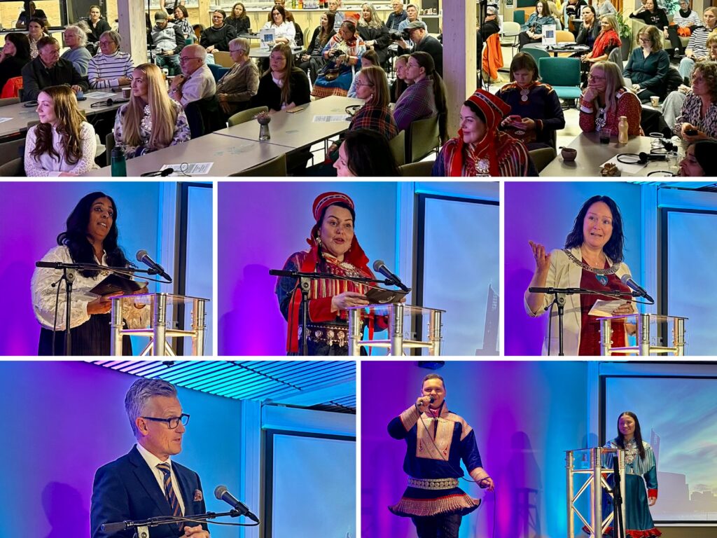 Bilde-collage fra åpningen av ombudets kontor i Alta. På bildene kan man se oppmøtt folkemengde, ombud Bjørn Erik Thon, likestillingsminister Lubna Jaffery og sametingspresident Silje Karine Muotka holde tale. Det er også bilde av to artister på scenen. Foto