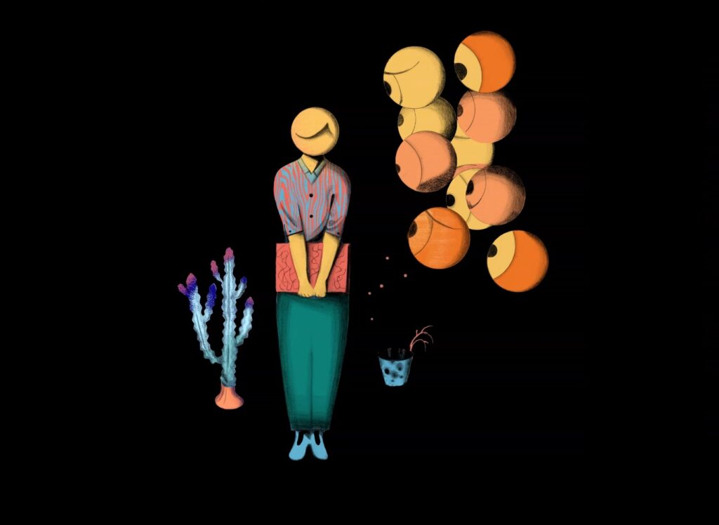 Settestrek kampanjens animasjbilde. Kvinne holder en mappe med hendene mens flere blinkende øyne stirrer på henne.