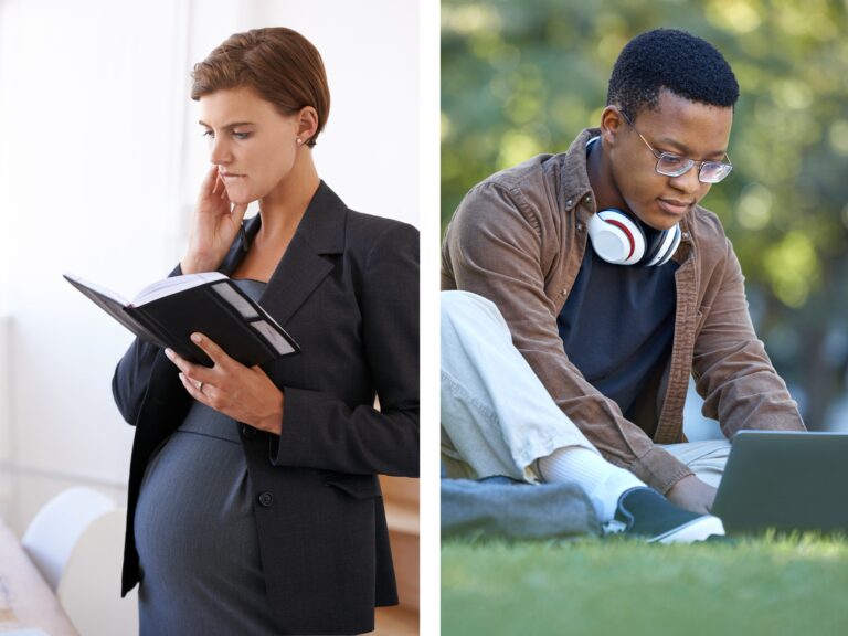 Bildet er todelt. På den ene siden ser man en gravid kvinnelig advokat med halvlangt hår og som er iført grå kjole og svart dressjakke mens hun leser i en bok. På den andre siden ser man en ung man med kort hår og briller, iført lyseblå bukse og brun skjorte sittende på gress og med bærbar pc foran seg. Foto